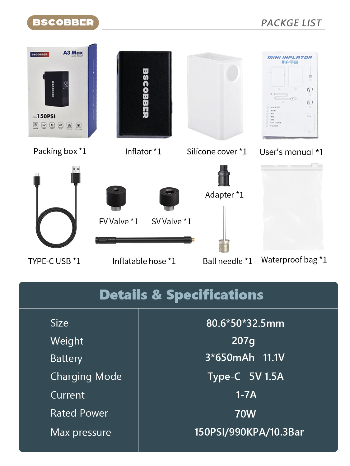 BSCOBBER A3Max packing list details specifications