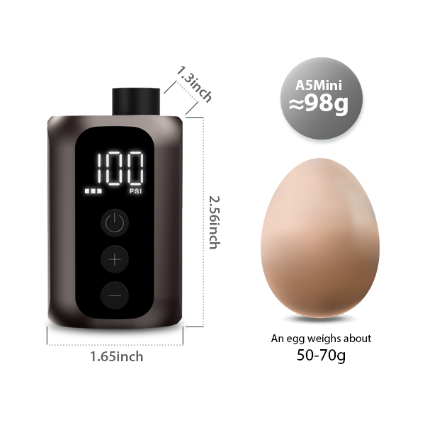 98g bicycle pump size comparison with chicken egg and iPhone for visual scale reference best electric bike pump