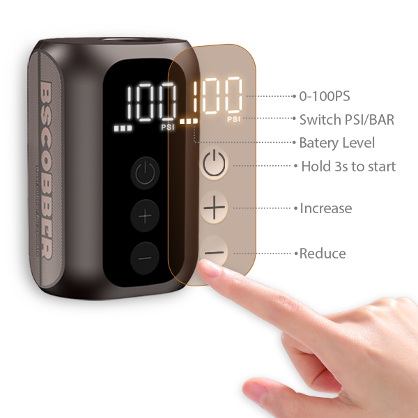 Compact bicycle air pump with bright LED pressure display showing exact PSI levels for road bikes electric bike air pump