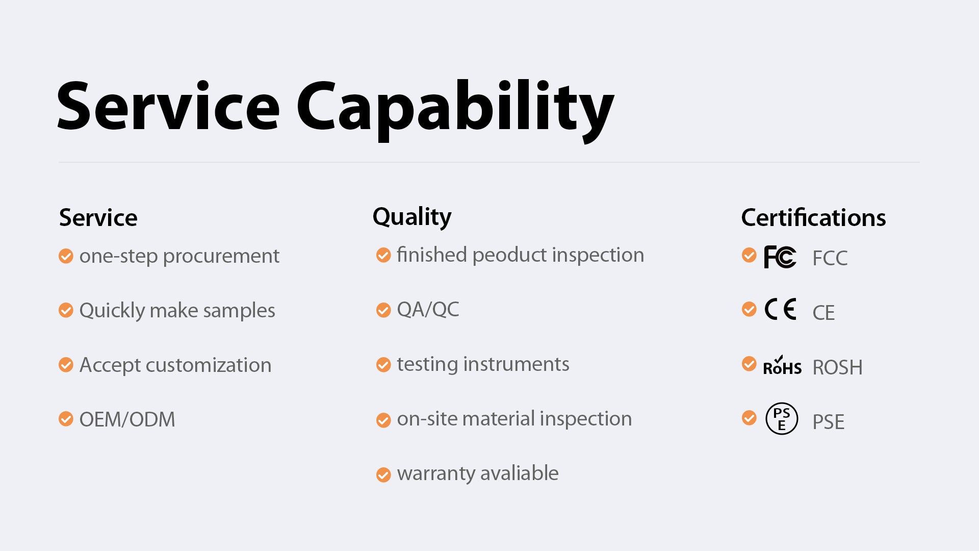 BSCOBBER electric bike pump quality assurance system – includes QA/QC procedures, finished product inspection, on-site material checks, advanced testing instruments, and warranty service, with international certifications such as FCC, CE, RoHS, and PSE.
