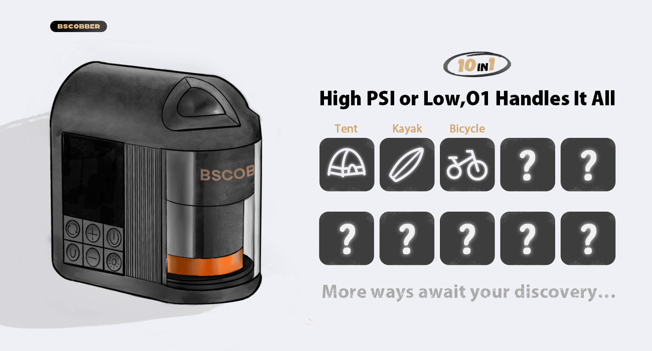 A comic-style image highlighting the O1 Mini Air Pump’s 10-in-1 features, teasing its full capabilities. 