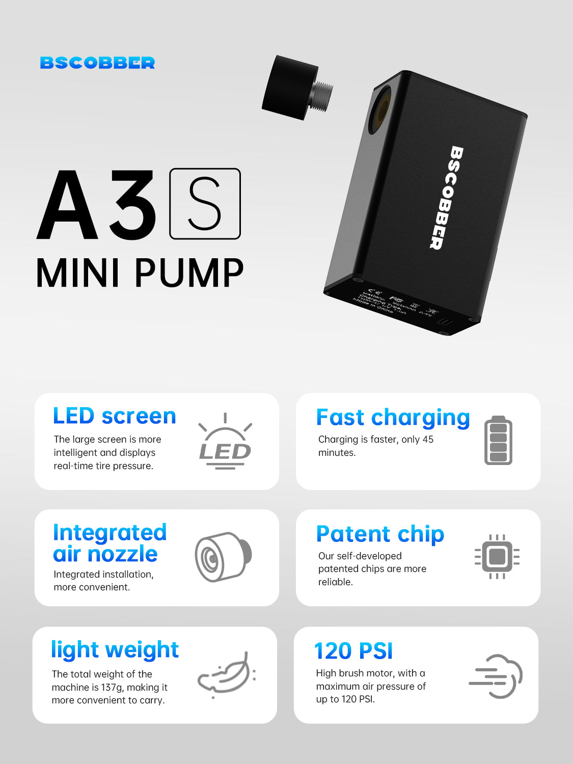 electric bike pump a3s bscobber fast charging integrated air nozzle 120 psi light weight led screen