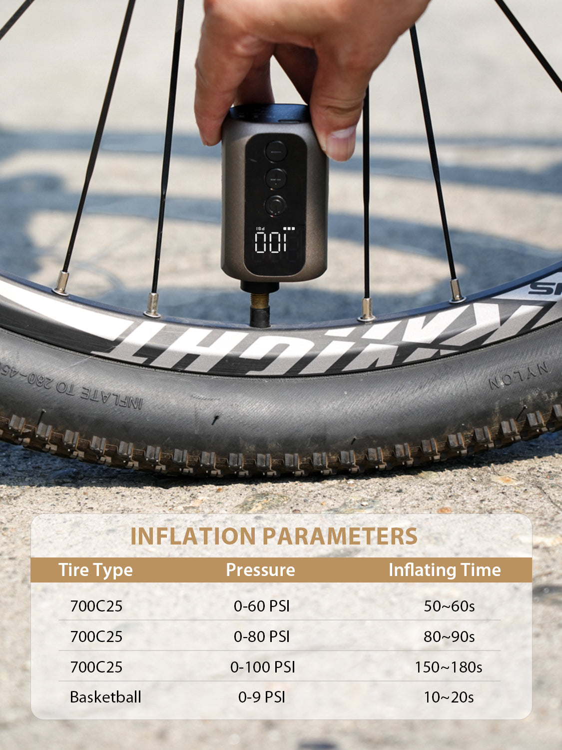 bike pump with gauge inflation parameters
